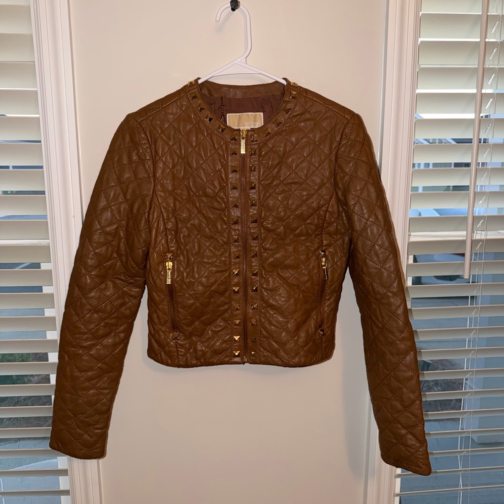 Michael Kors Quilted Brown Leather Jacket with Gold Studs